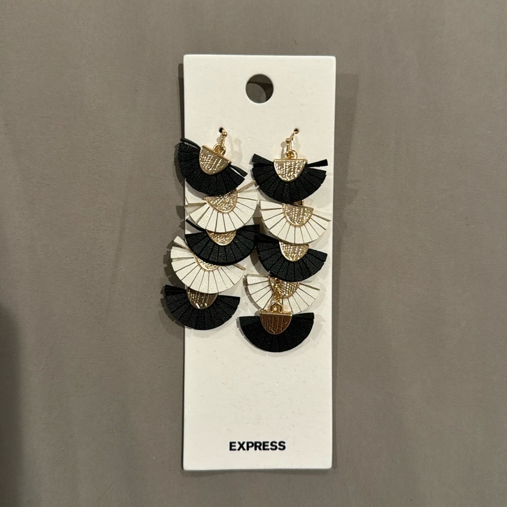 Express Black and White Leather Gold Fan Earrings BNWT